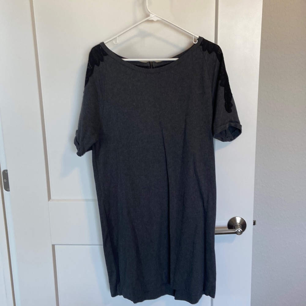 Gray tunic dress from Loft with lace detail on sleeve